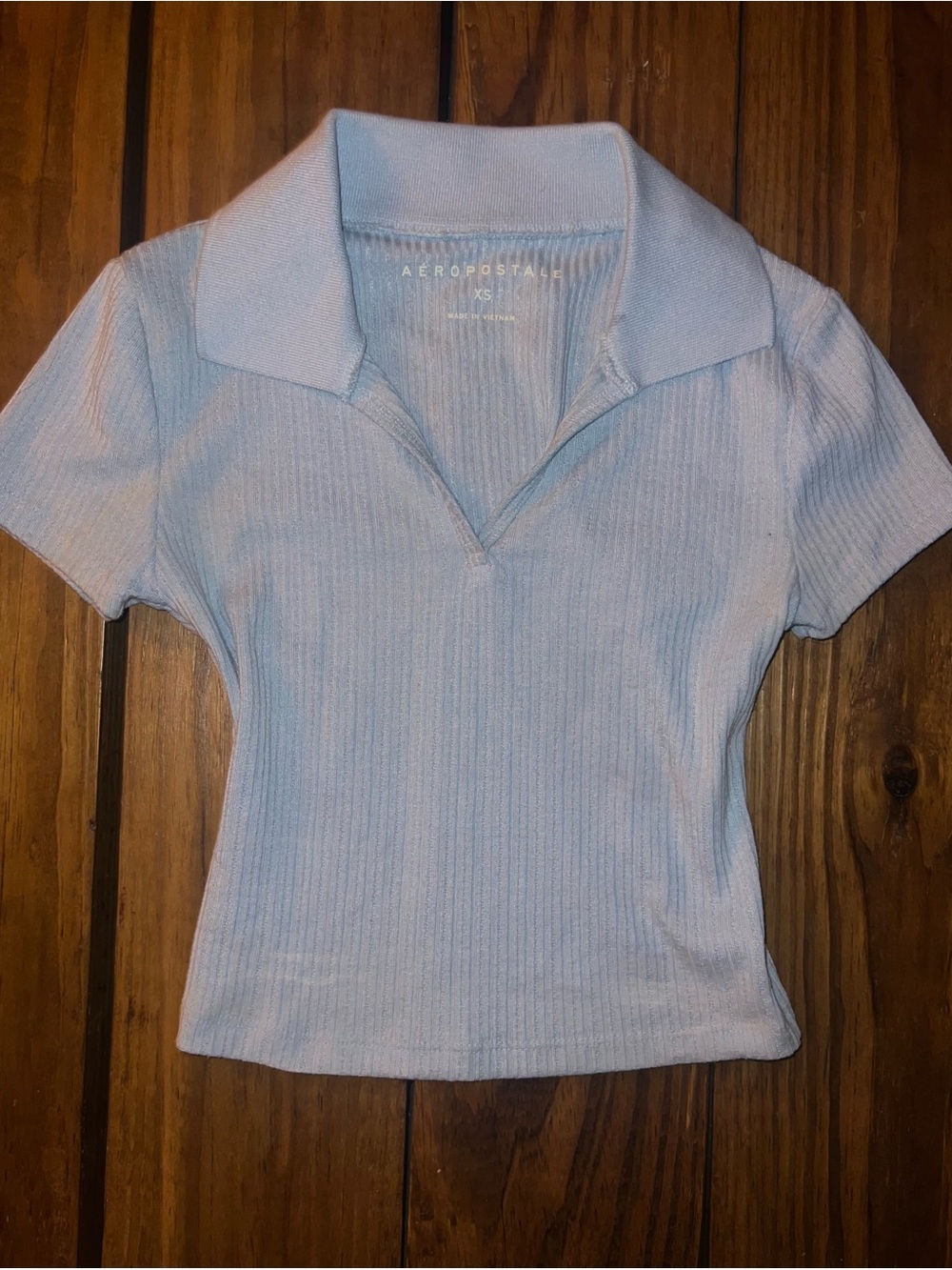 XS Aeropostale Pale Blue Ribbed V-Neck Polo Crop Top